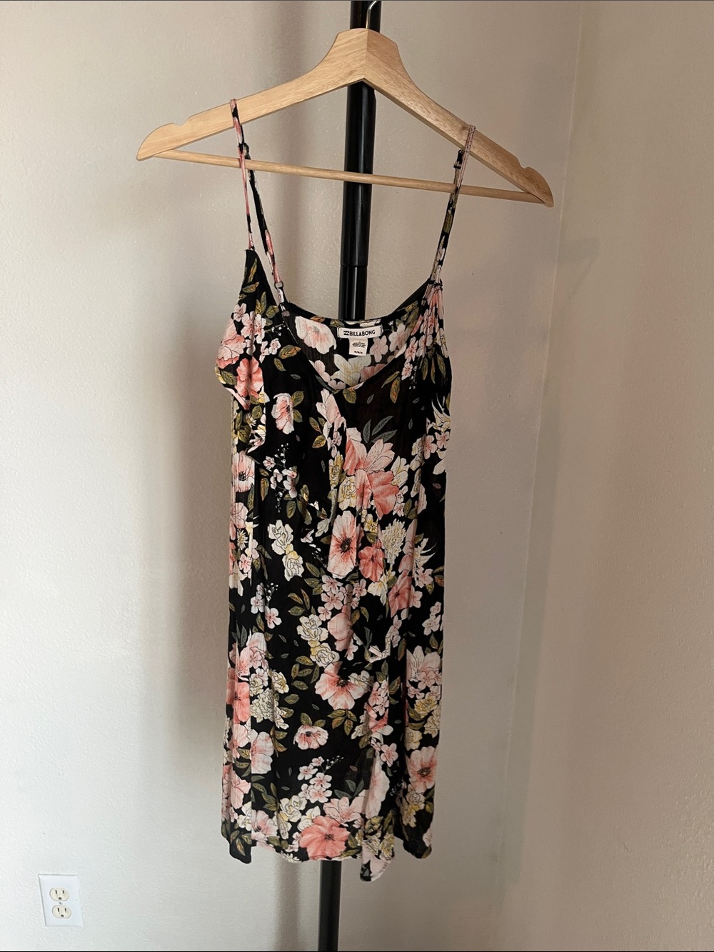 Billabong Black Floral Mini Slip Dress with Pink Blossoms